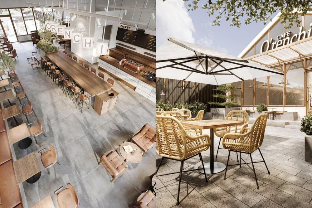 O&rsquo;renchi Cafe c&oacute; nội thất gỗ ấm &aacute;p kết hợp c&ugrave;ng khoảng s&acirc;n vườn tho&aacute;ng đ&atilde;ng mang lại cảm gi&aacute;c y&ecirc;n tĩnh, thư gi&atilde;n (Nguồn: AAT Decor)